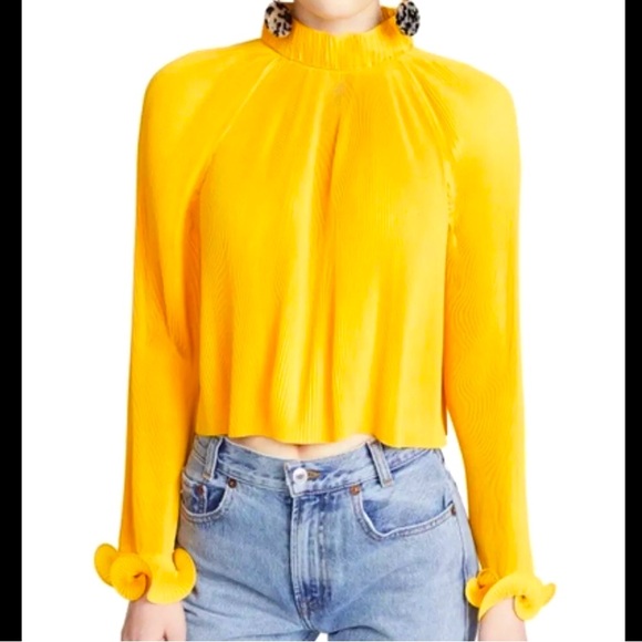 Tibi Pleated Cropped Ruffle Top in Sunray Yellow Orange size Large